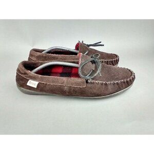 Tamarac Moccasin Slippers Mens Leather Size 11 Buffalo Plaid Flannel Lined Brown